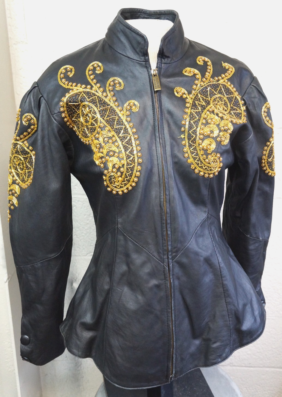 Vintage 80s 90s Black Leather Peplum Jacket Gold Sequin Beaded Paisley Size S